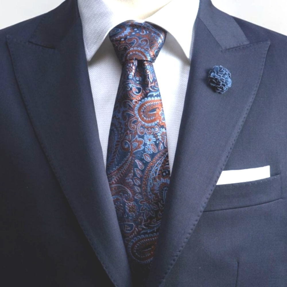 Elegant Navy and Orange Silk Paisley Tie